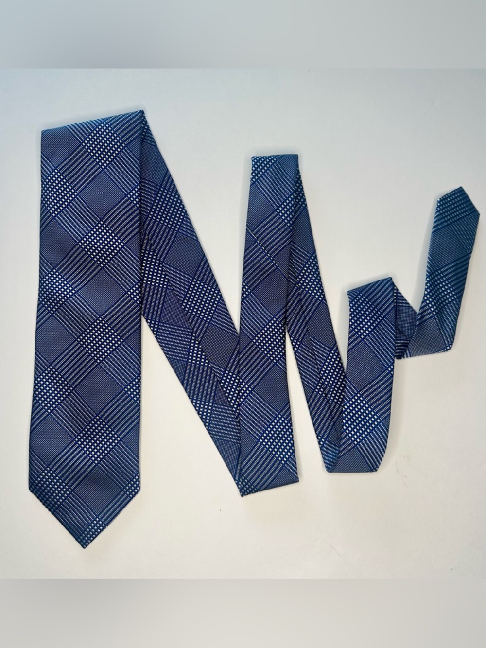 Untipped DAVID DONAHUE Navy and Royal Blue Plaid Silk Classic Tie, 3.25” - Picture 2 of 6